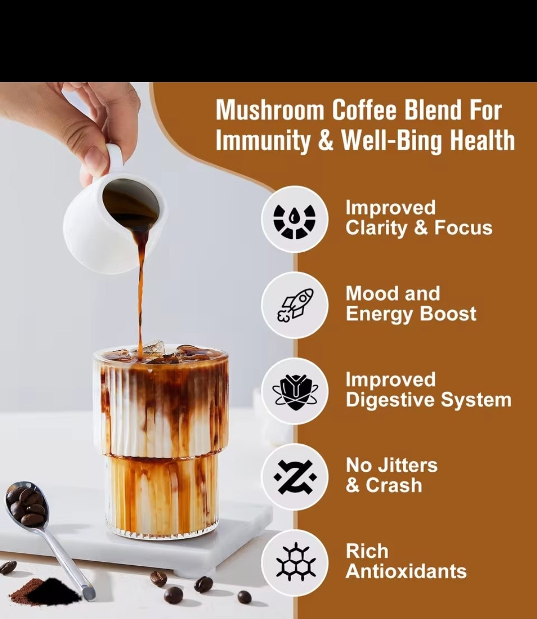 Organic 10 Mushroom Coffee Powder-Lions Mane Chaga Reishi Brain Memory 2.5oz