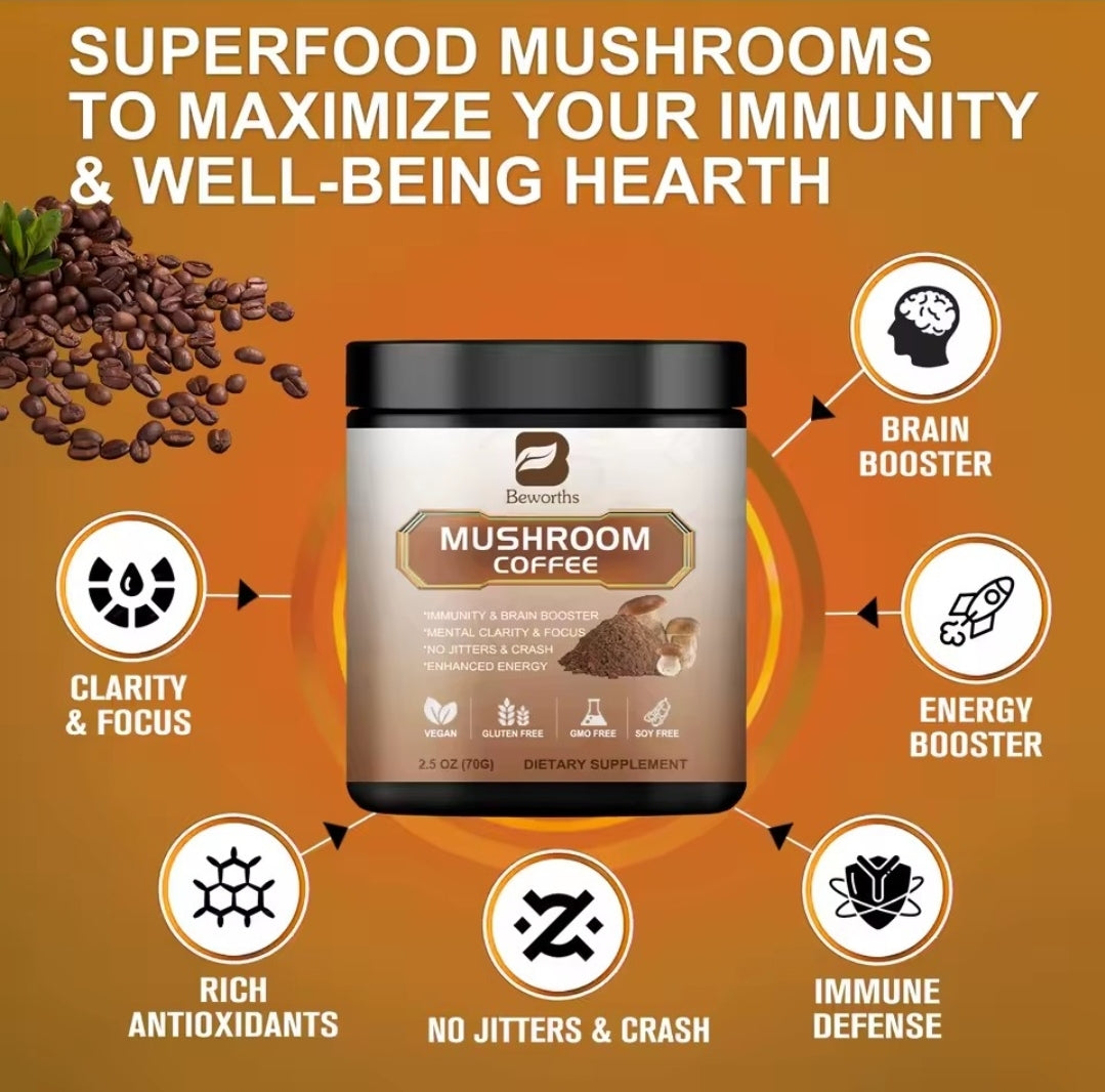 Organic 10 Mushroom Coffee Powder-Lions Mane Chaga Reishi Brain Memory 2.5oz