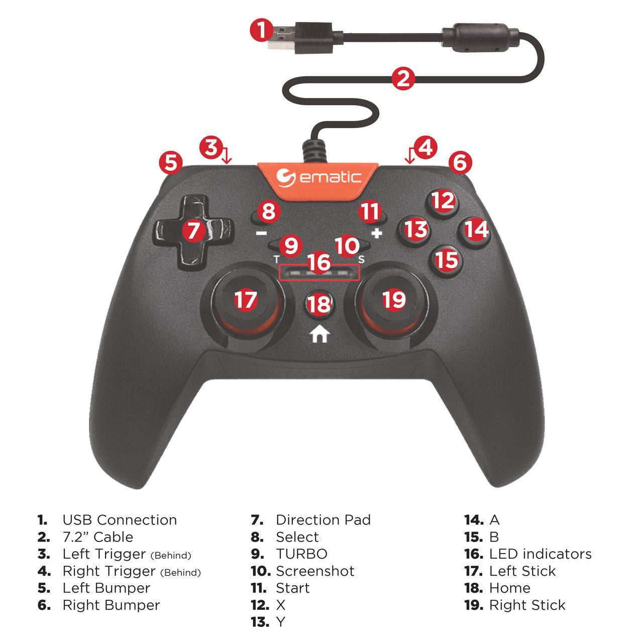 Ematic Nintendo Switch Wired Controller, Black + Red - NSWC012W