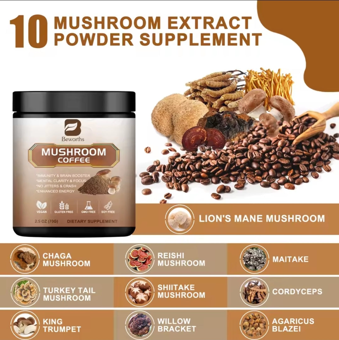 Organic 10 Mushroom Coffee Powder-Lions Mane Chaga Reishi Brain Memory 2.5oz
